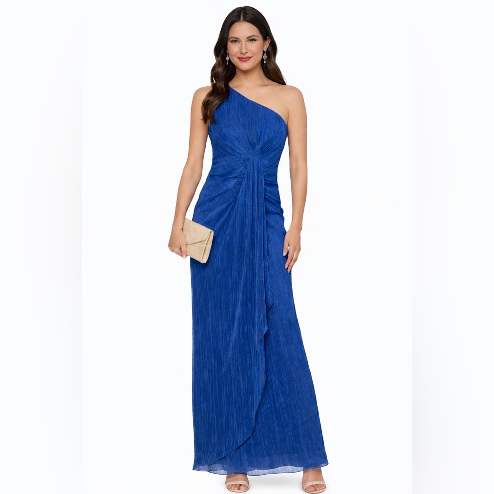 Adrianna Papell One Shoulder Metallic Crinkle Gown Size 8 NWT Blue Formal Dress